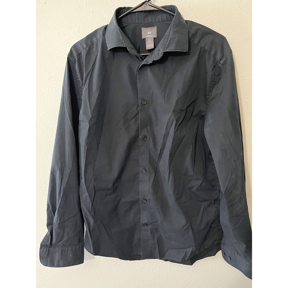 H&M Men's Size L Slim Fit Black Solid Long Sleeve Button Down Dress Shirt - Picture 1 of 5